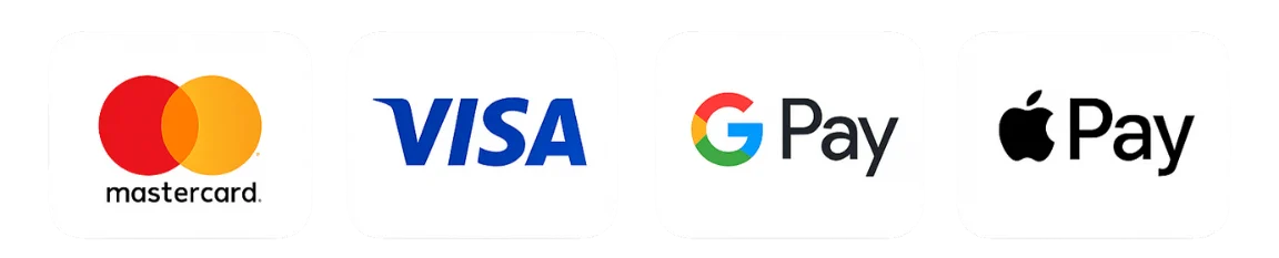 Mastercard, Visa, Google Pay, Apple Pay
